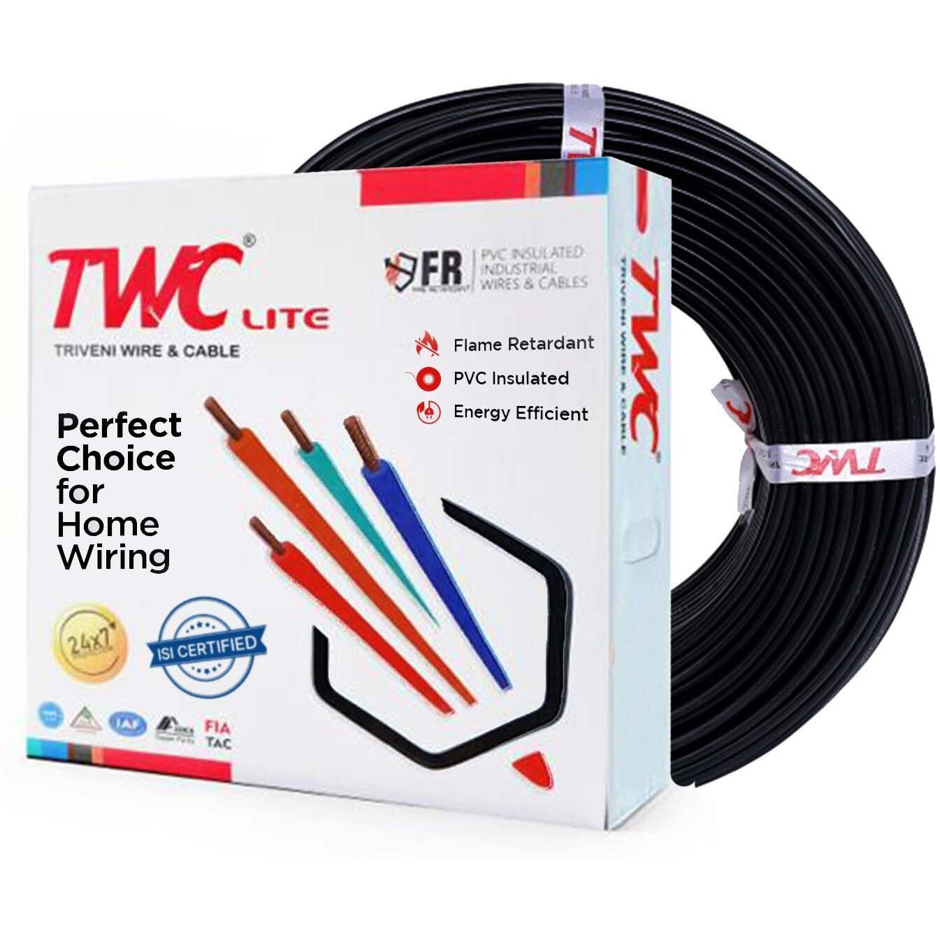TWC Lite Single Core Electrical Wire |Black, 45 Meter, 1.5 SQ.MM. |PVC electrical insulated copper wire | Cable for Domestic & Industrial Connection purpose | Flame Resistant |