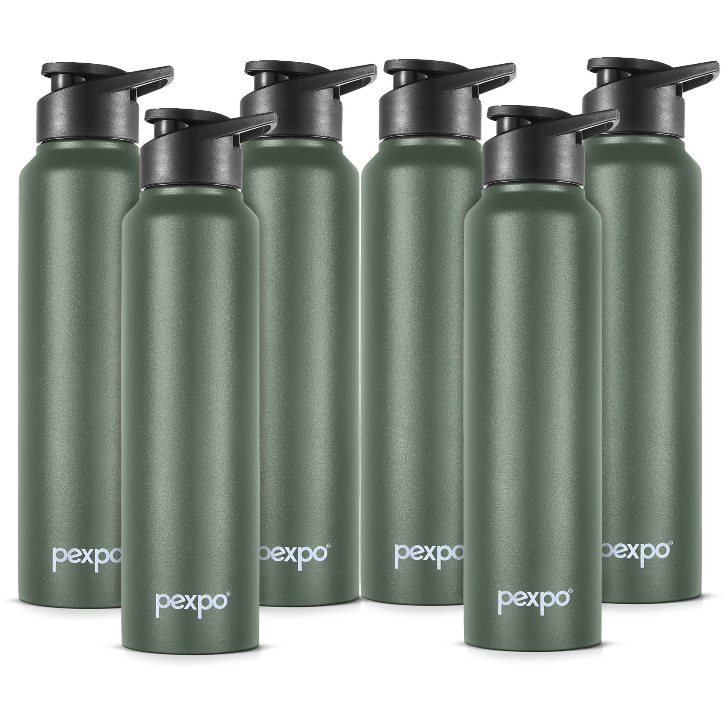 PEXPO Chromo Stainless Steel Sports/Fridge Sipper Water Bottle 1 Litre, Military Green Pack of 6 | Eco friendly | BPA Free | Water Bottle for Office, Gym, School, Yoga, Trekking, Men, Women and Kids