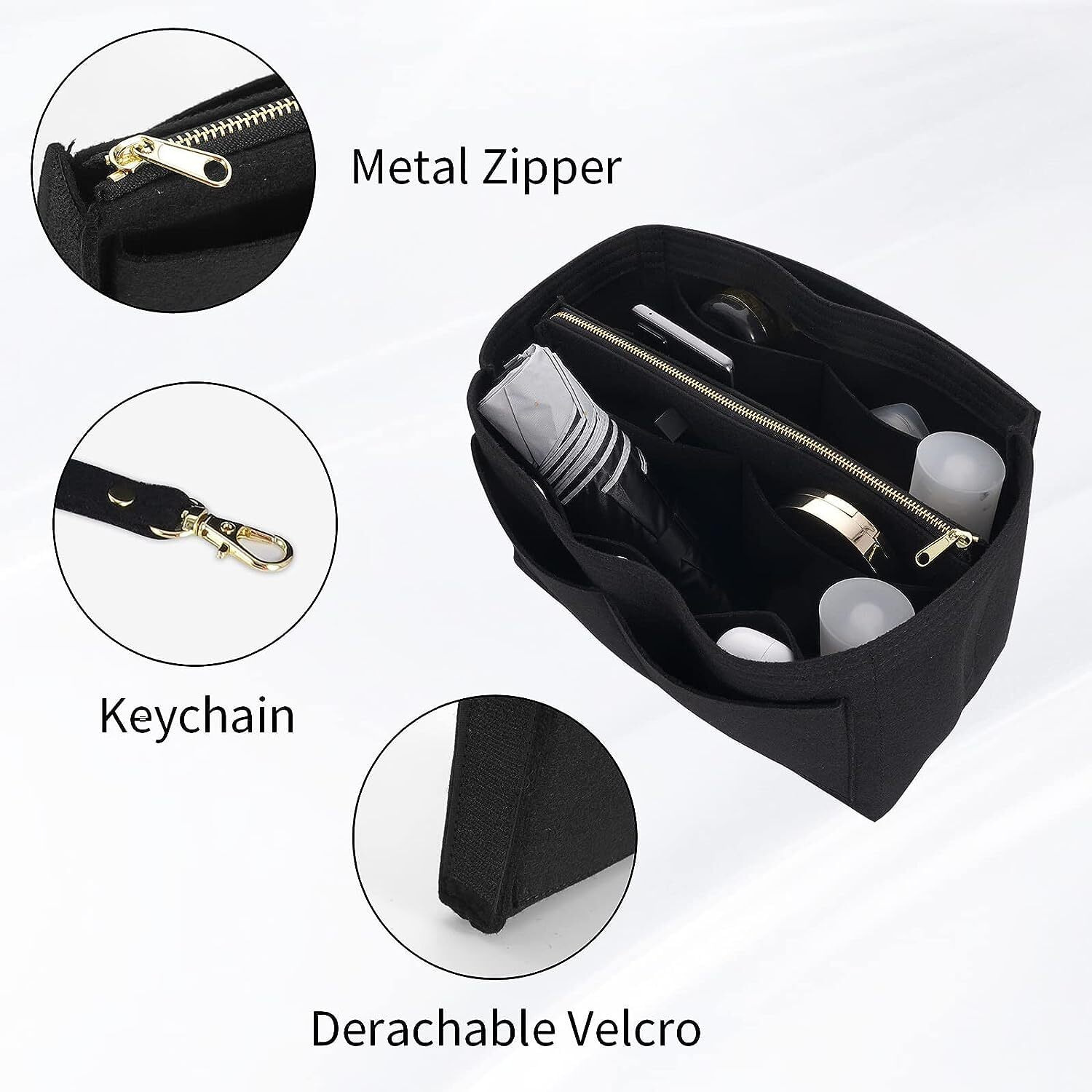 GREENSHEEP Purse Organizer Insert for Handbags, Premium Felt Organizer with Zipper Pocket (Medium, Black)