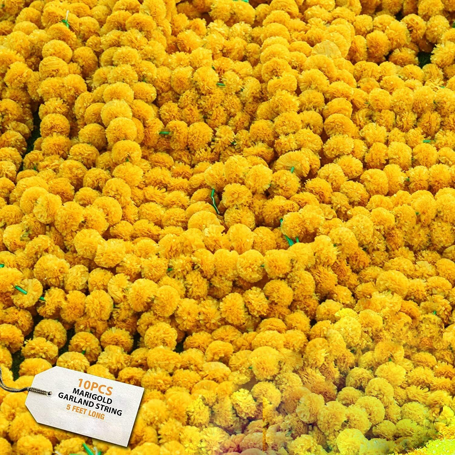 HOME BUY plastic Artificial Marigold Flowers for Decoration Garland for Diwali & Festivals|5 Feet Long (yellow-5pkt)