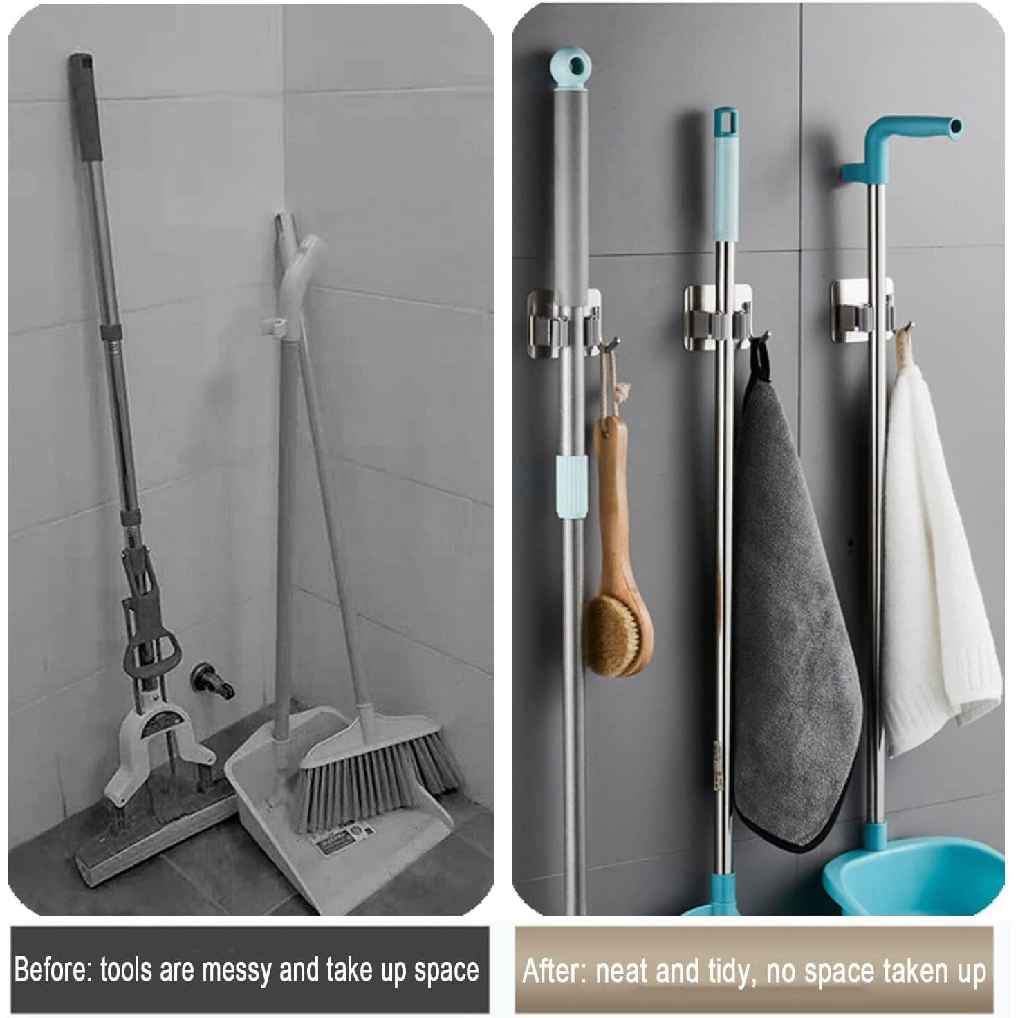 Dimore Broom Mop Holder, Modern Wall Mounted Heavy Duty Stainless Steel Storage Rack Organization Tools, Kitchen Garden Garage Or Bathroom Organization. (Pack of 2)