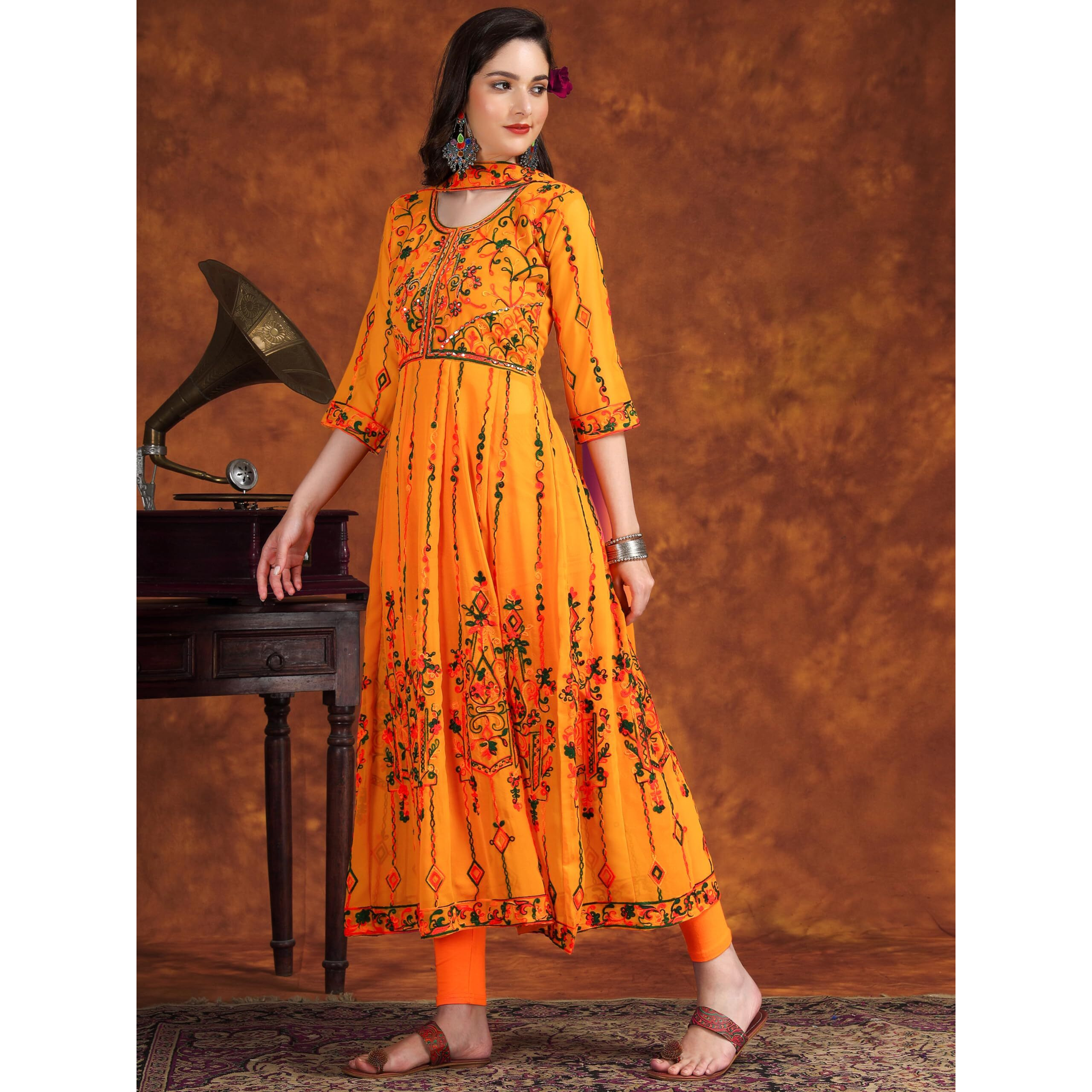 EthnicJunction Women s Georgette Embroidered and Sequence Work Anarkali Kurta and Dupatta Set(KD3-Devi-Mustard_M)