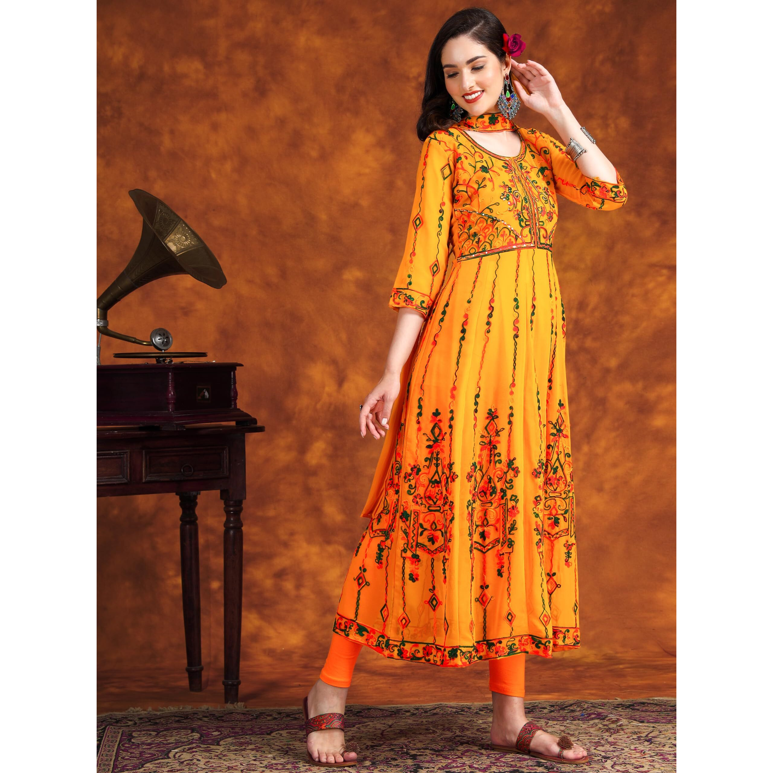 EthnicJunction Women s Georgette Embroidered and Sequence Work Anarkali Kurta and Dupatta Set(KD3-Devi-Mustard_M)