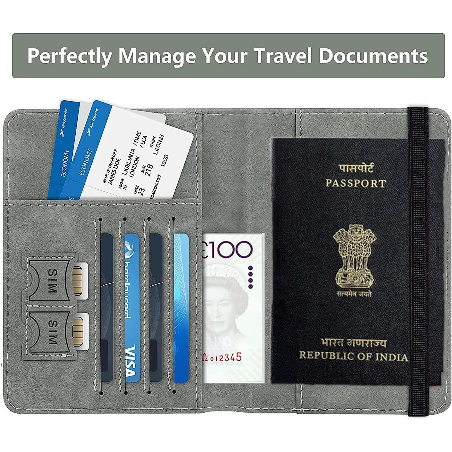 MONJAY Premium Passport Holder Cover Travel Wallet Organiser, Passport Case with PU Leather Travel Document Holder for Men & Women Travel Accessories (Grey)
