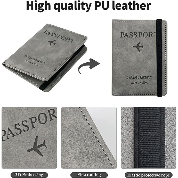 MONJAY Premium Passport Holder Cover Travel Wallet Organiser, Passport Case with PU Leather Travel Document Holder for Men & Women Travel Accessories (Grey)