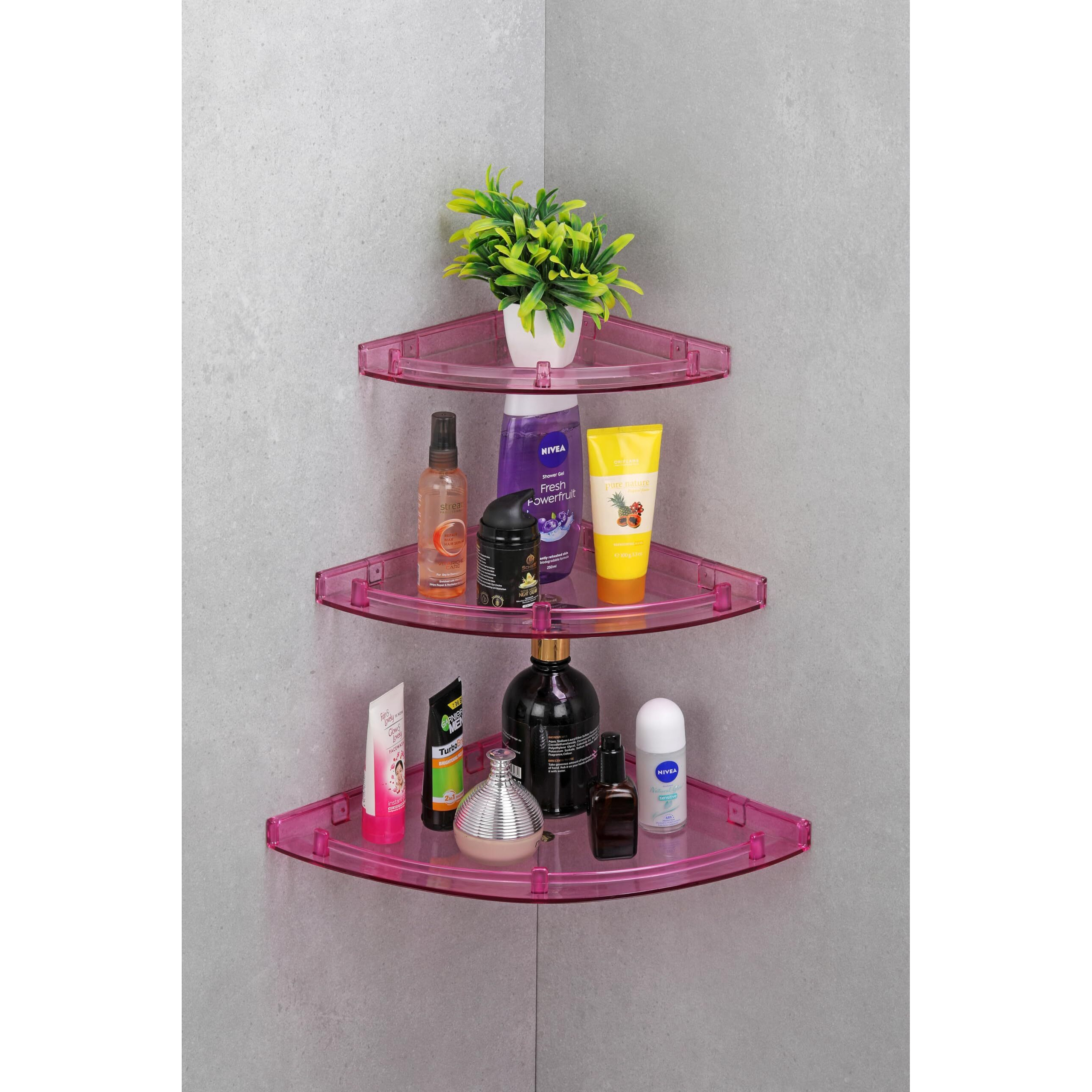 iSTAR Multipurpose Unbreakable Acrylic Bathroom/Home Decor Shelves Bathroom Accessories Corner Wall Shelf/Storage/Organiser (8X8, 10X10, 12X12, Number of Shelves - 3) (Pink)