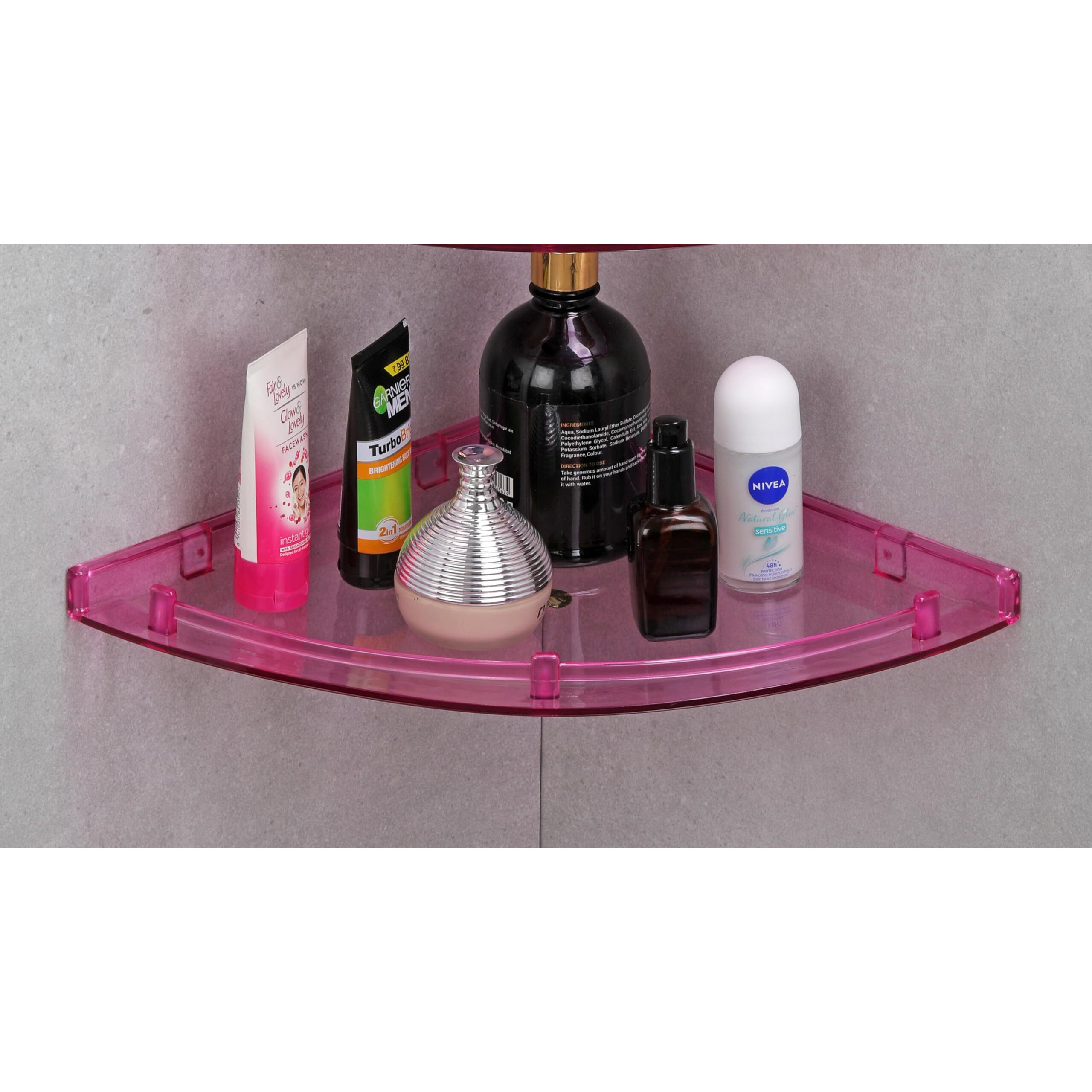iSTAR Multipurpose Unbreakable Acrylic Bathroom/Home Decor Shelves Bathroom Accessories Corner Wall Shelf/Storage/Organiser (8X8, 10X10, 12X12, Number of Shelves - 3) (Pink)