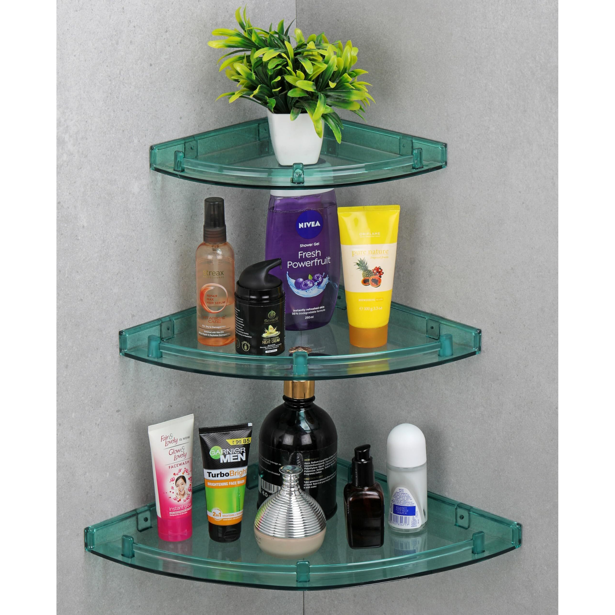 iSTAR Multipurpose Unbreakable Acrylic Bathroom Shelves Bathroom Accessories Corner Wall Shelf (8X8, 10X10, 12X12, Number of Shelves - 3) Pack of 3 (Green)