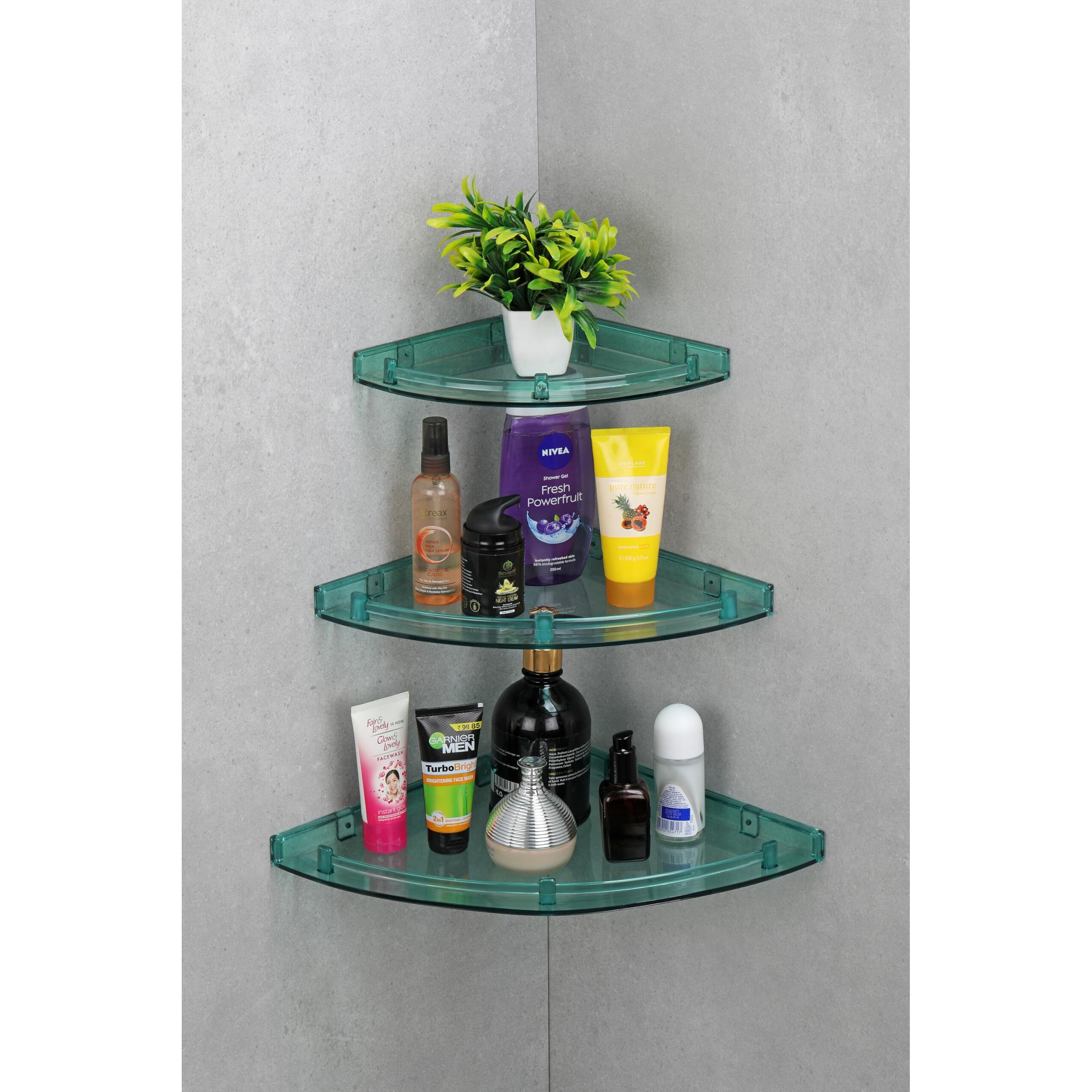 iSTAR Multipurpose Unbreakable Acrylic Bathroom Shelves Bathroom Accessories Corner Wall Shelf (8X8, 10X10, 12X12, Number of Shelves - 3) Pack of 3 (Green)