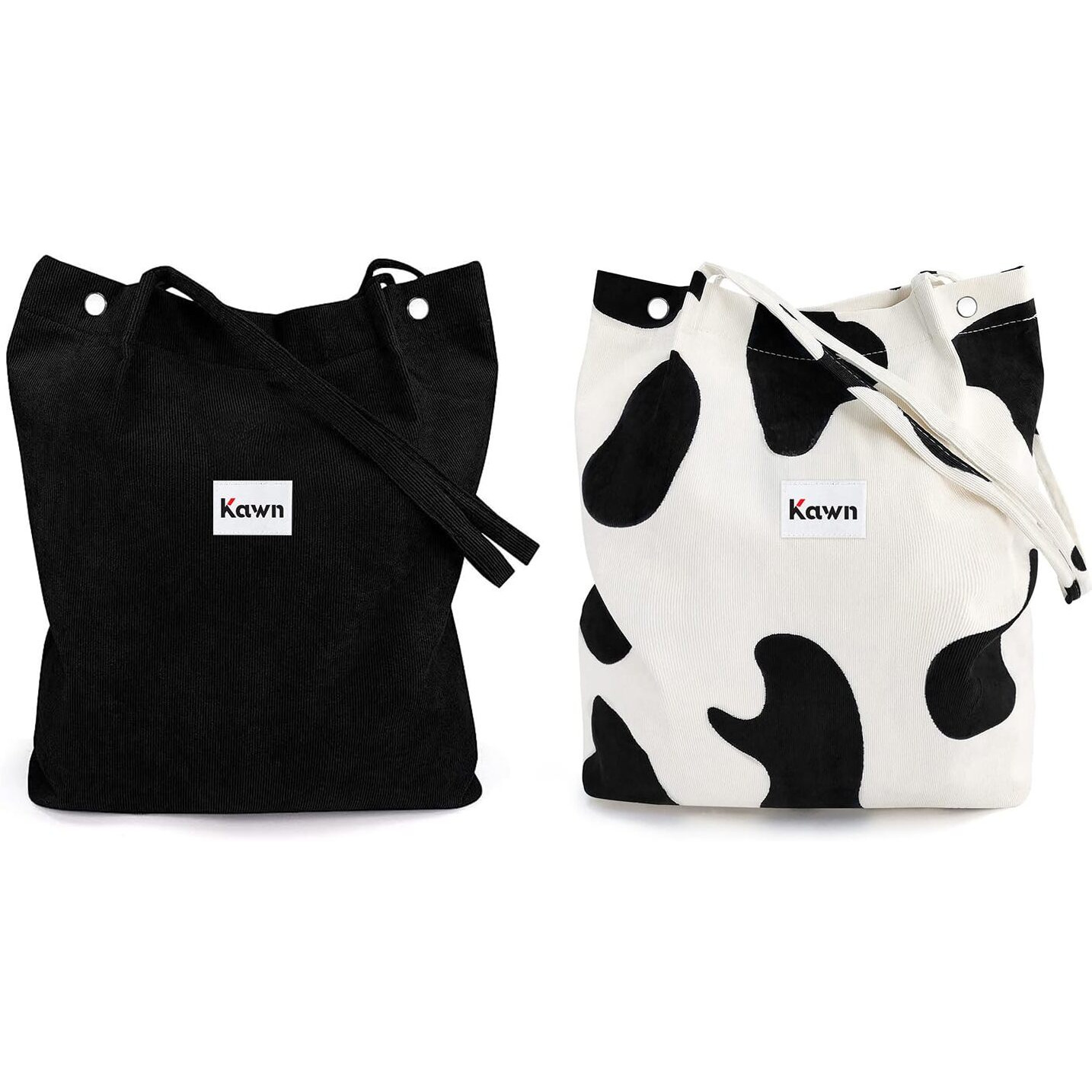 Kawn Women Corduroy Western Tote Bag Canvas Shoulder Purse Reusable Shopping Grocery Bag Large Capacity Washable Handbag Girls Shoulder Bag With Inner Pocket For Daily Use Work Travel (Black + Cow)