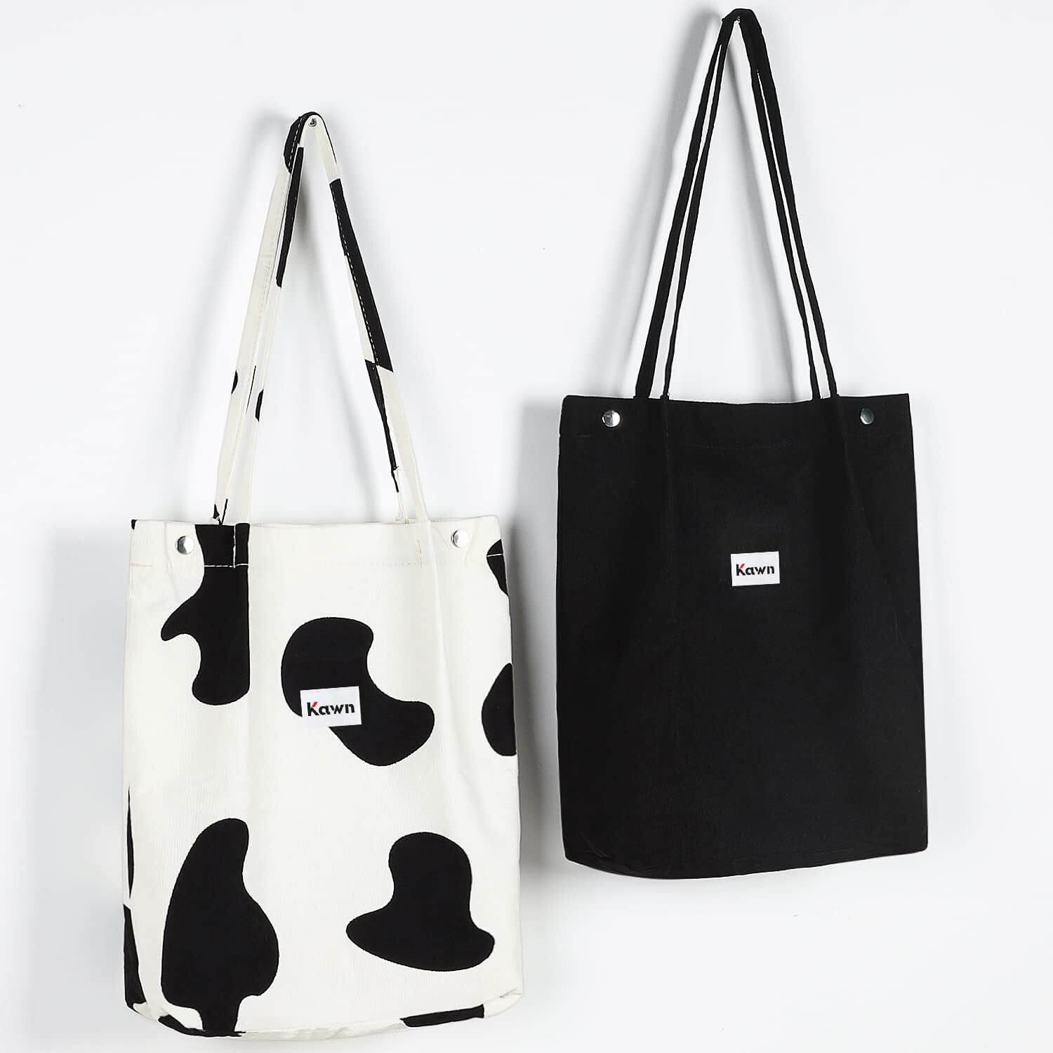 Kawn Women Corduroy Western Tote Bag Canvas Shoulder Purse Reusable Shopping Grocery Bag Large Capacity Washable Handbag Girls Shoulder Bag With Inner Pocket For Daily Use Work Travel (Black + Cow)