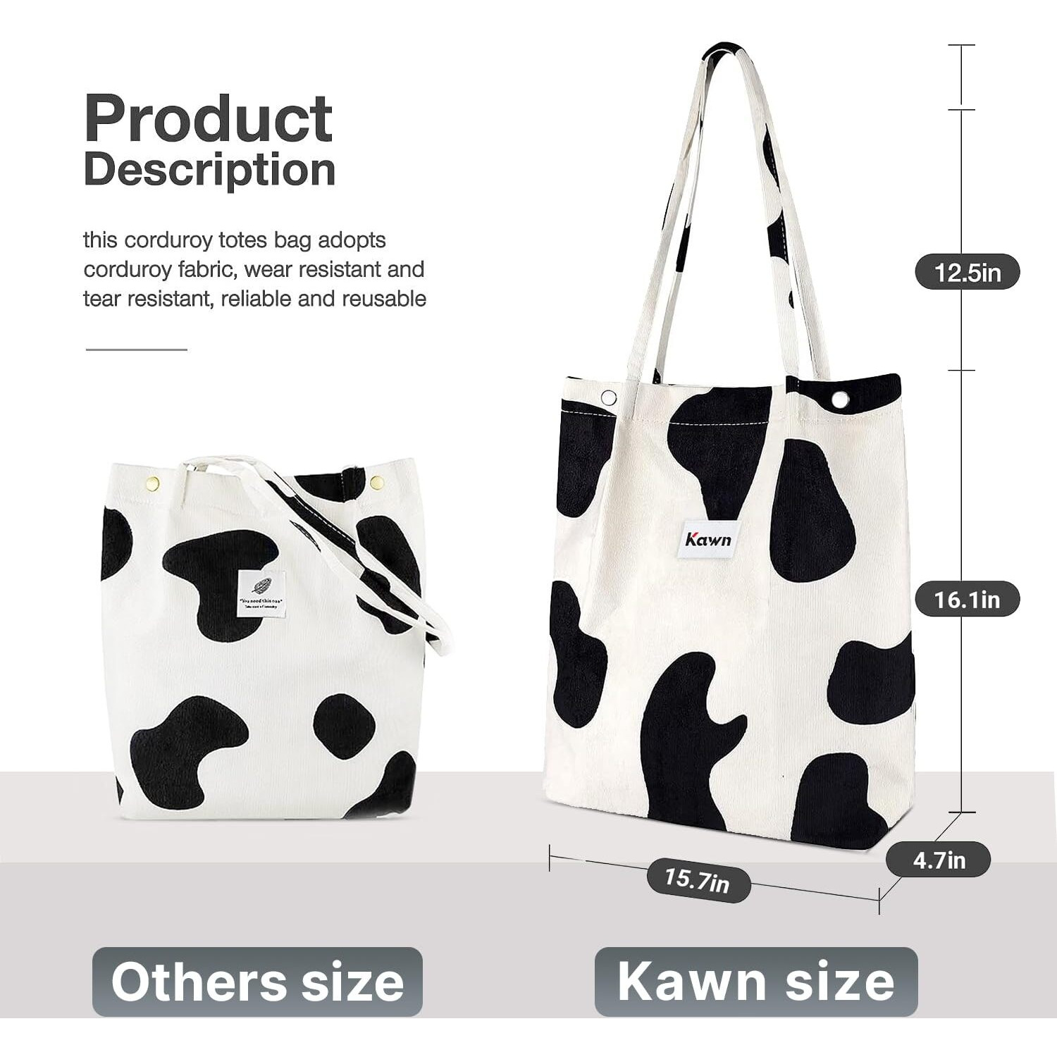 Kawn Women Corduroy Western Tote Bag Canvas Shoulder Purse Reusable Shopping Grocery Bag Large Capacity Washable Handbag Girls Shoulder Bag With Inner Pocket For Daily Use Work Travel (Black + Cow)