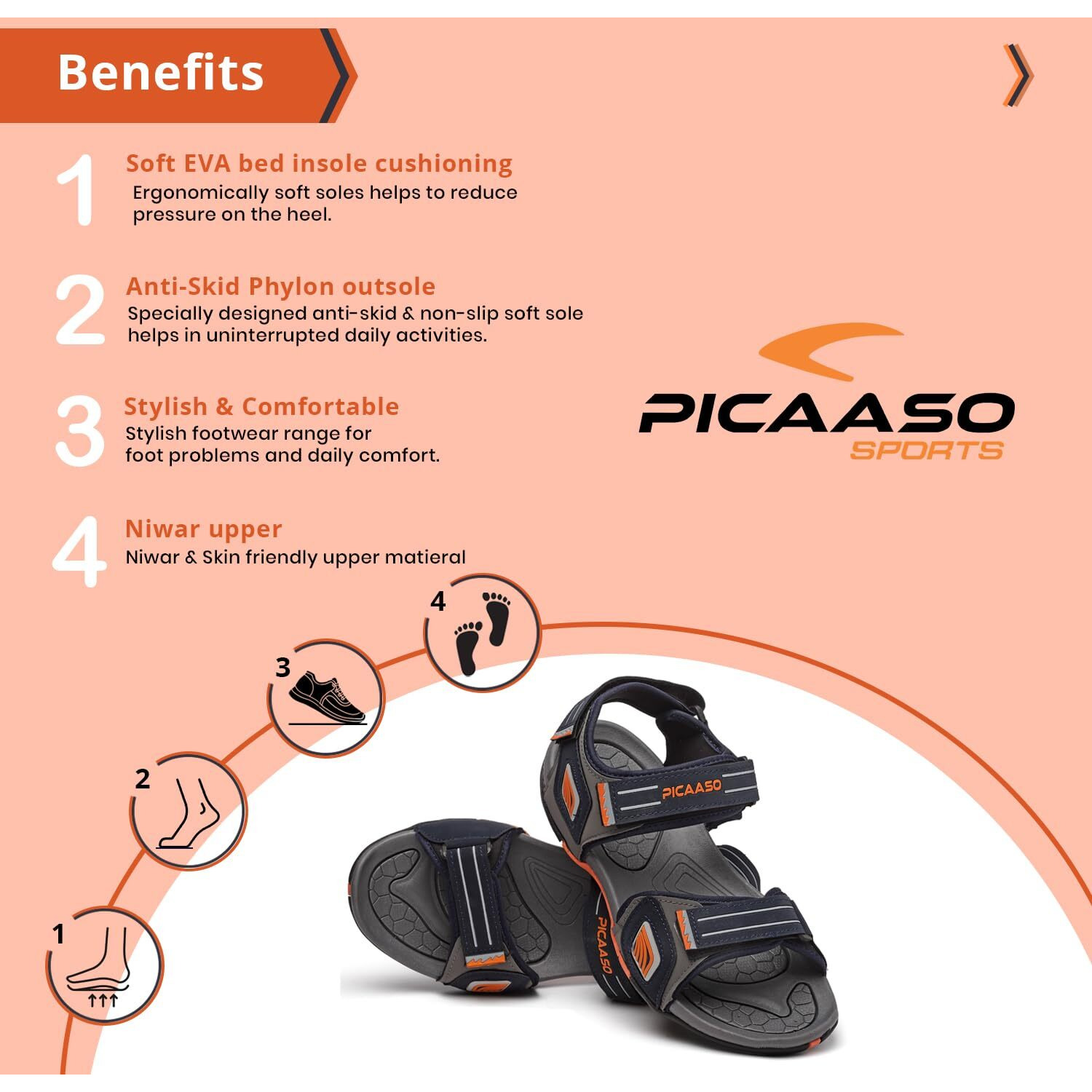 PICAASO Mens PC-504 Sports Sandals | Casual Phylon Sandals | Lightweight Athletic & Outdoor Flip-flops for Walking, Running, (N.BLU-ORG, 9)