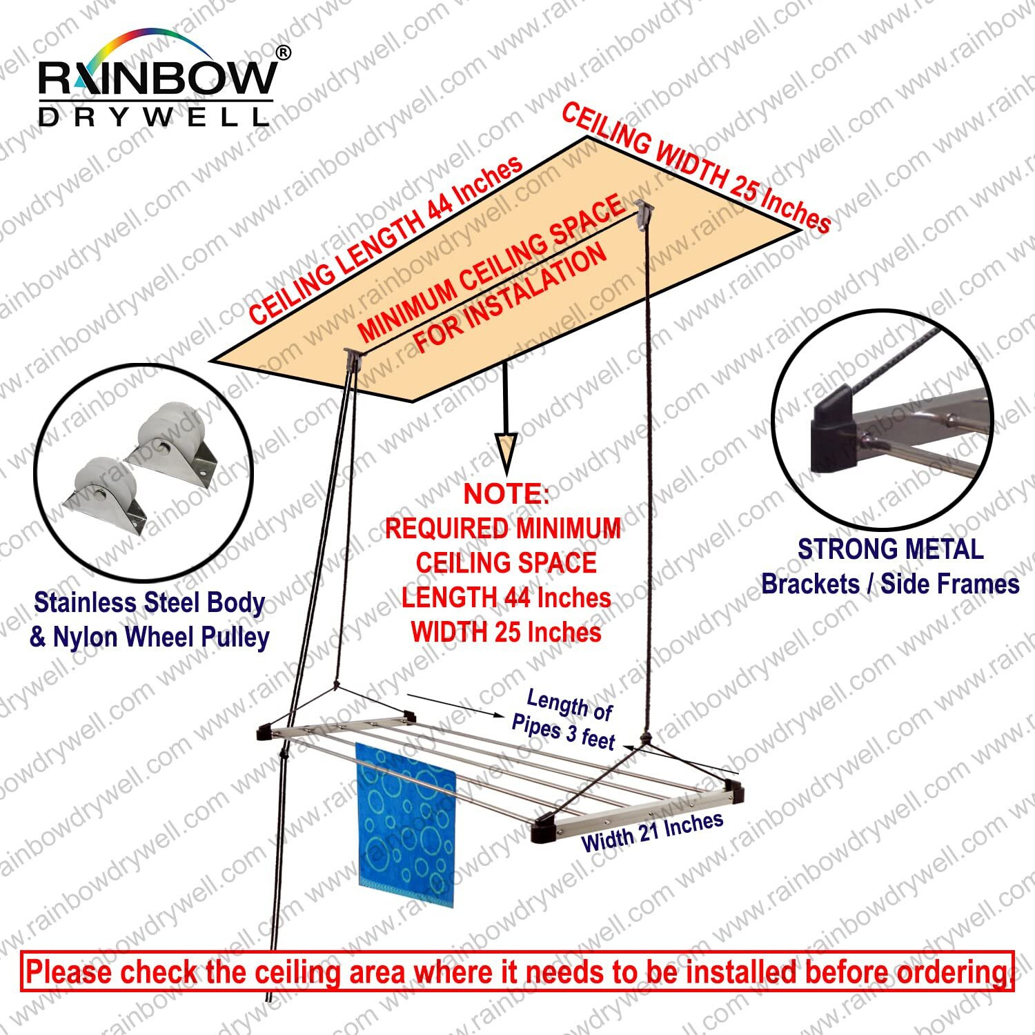 Rainbow Drywell Economy Heavy Duty Stainless Steel (5 Pipe x 3 Feet) with UV Protected Nylon Rope Ceiling Cloth Dryer | Cloth Drying Stand for Balcony | Clothes Stand for Drying