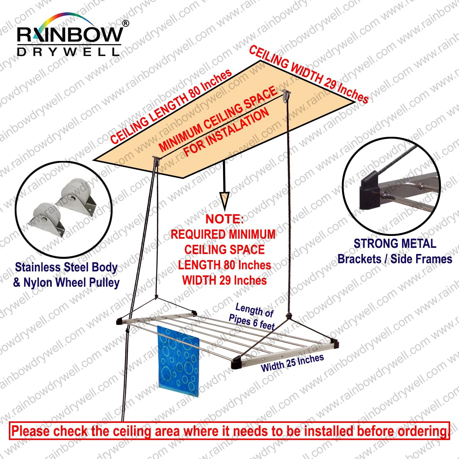 Rainbow Drywell Economy Heavy Duty Stainless Steel (6 Pipe x 6 Feet) with UV Protected Nylon Rope Ceiling Cloth Dryer | Cloth Drying Stand for Balcony | Clothes Stand for Drying