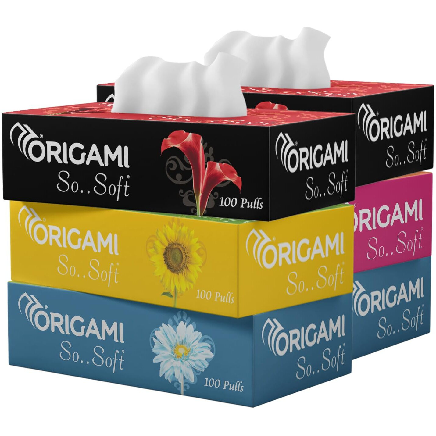 Origami 2 Ply Facial Tissue Box | Car Tissue - Pack of 6 (100 Pulls Per Box, 600 Sheets)