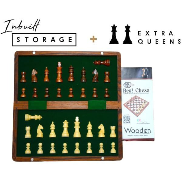 BCBESTCHESS Wooden Handcrafted Foldable Magnetic Chess Board Set with Magnetic Pieces and Extra Queens for 2 Players Kids and Adults (10x10 Inches, Brown)