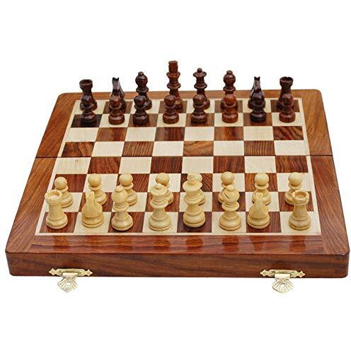 BCBESTCHESS Wooden Handcrafted Foldable Magnetic Chess Board Set with Extra Magnetic Pieces Extra Queens for 2 Players Kids and Adults (16x16 Inches, Brown)