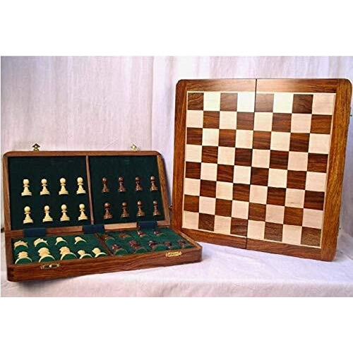BCBESTCHESS Wooden Handcrafted Foldable Magnetic Chess Board Set with Extra Magnetic Pieces Extra Queens for 2 Players Kids and Adults (16x16 Inches, Brown)