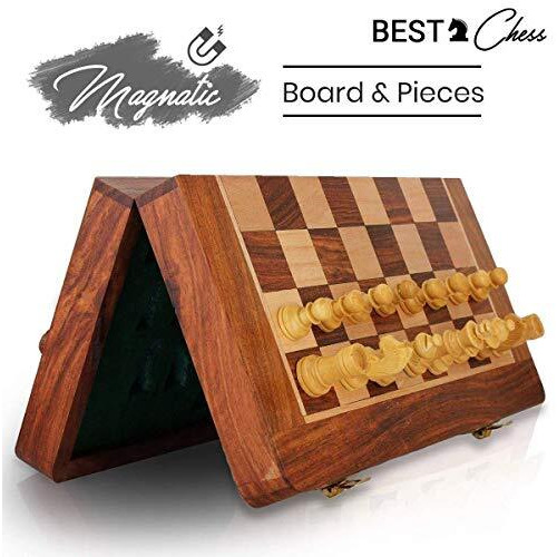 BCBESTCHESS Wooden Handcrafted Foldable Magnetic Chess Board Set with Extra Magnetic Pieces Extra Queens for 2 Players Kids and Adults (16x16 Inches, Brown)
