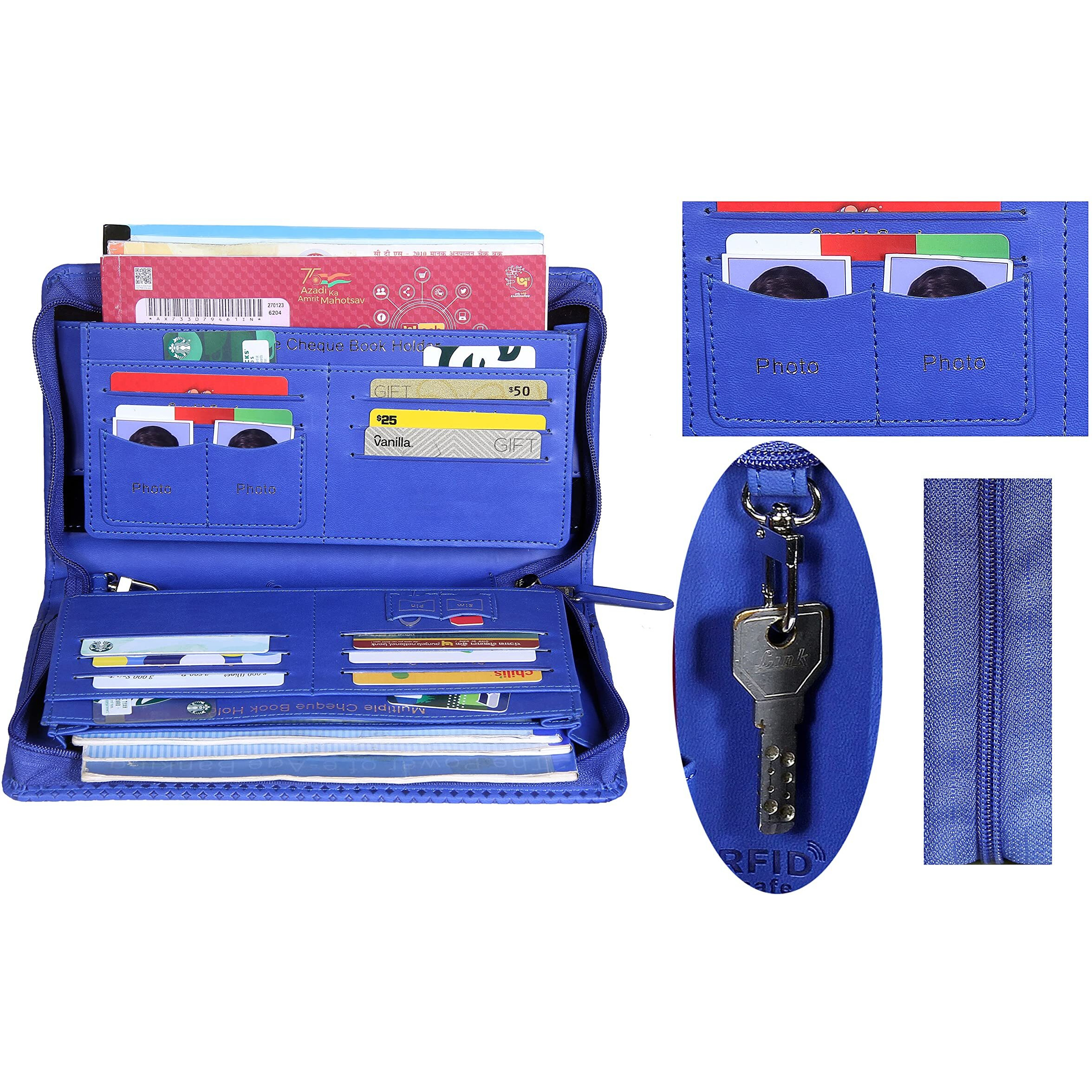 Sukeshcraft Multiple Cheque Book Holder | Original PU Holds Upto 8 Cheque Books, Locker Key Hook, 2 Photo Slots, 1 Pin-Sim Slot, 13 Credit/Debit Card Slots with Matching Zipper (PU -Sky Blue)