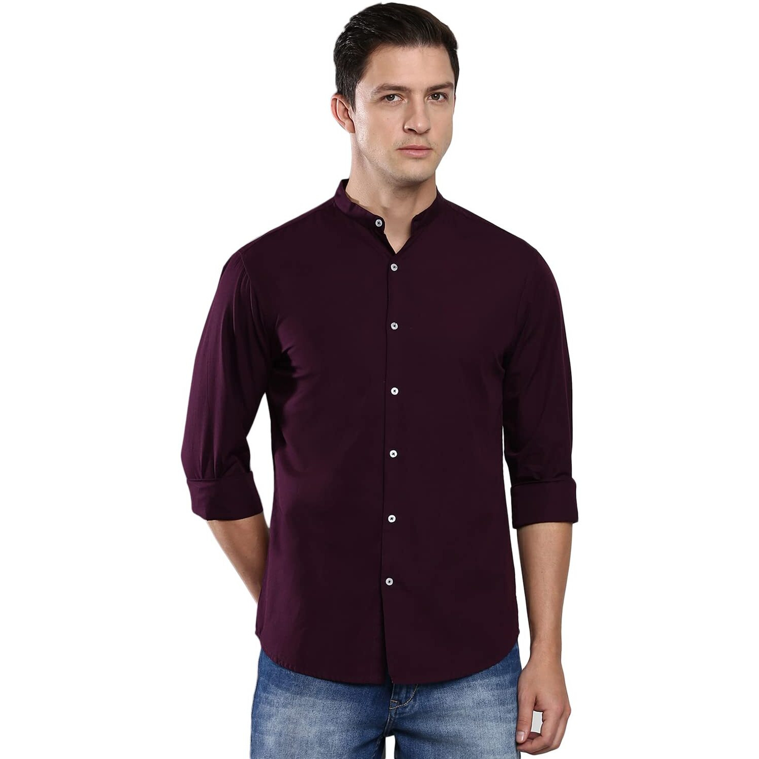 Dennis Lingo Men s Cotton Solid Mandarin Collar Slim Fit Casual Shirt (CC201_PURPLE, L)