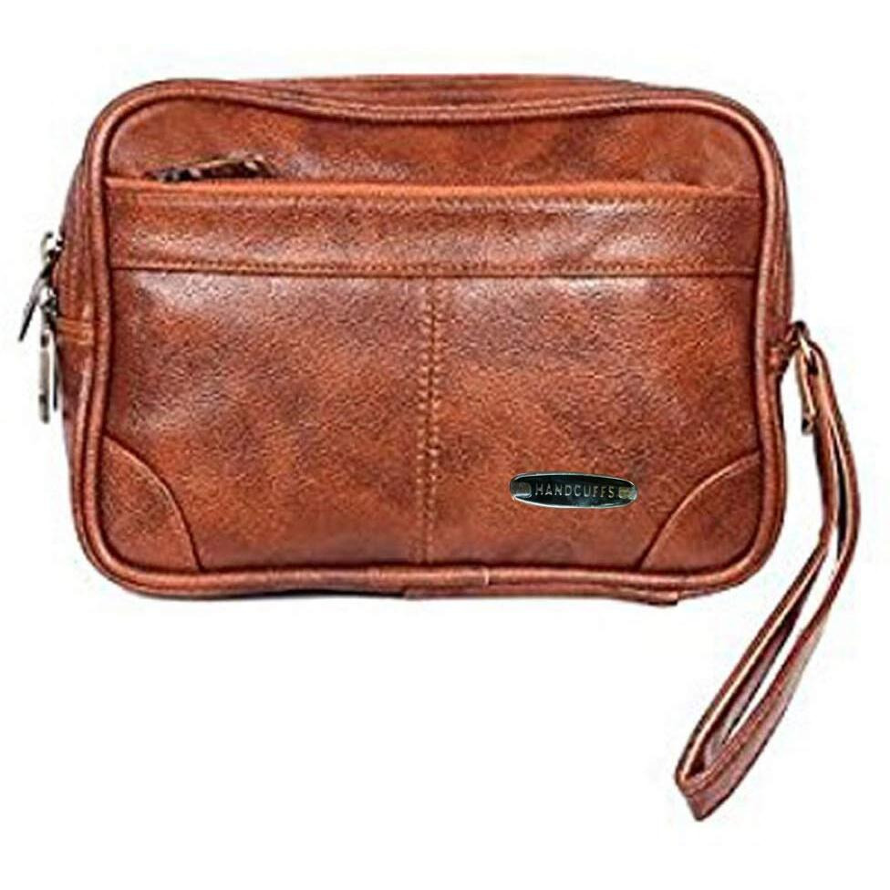 Handcuffs Mens Toiletry Kit Cash Bag | Foam Leather | Money Carrying | Travel | Accessories | Essentials | Pouch | Shaving | Makeup | Cosmetic | Grooming | Handbag (Brown)