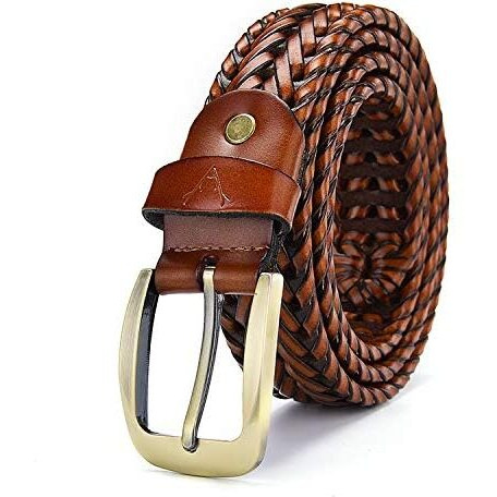 VOGARD Mens Braided Genuine Leather Original Branded Belt | Woven Leather Belt for Casual Pants with Brass Buckle| Micro Adjustable (Tan)