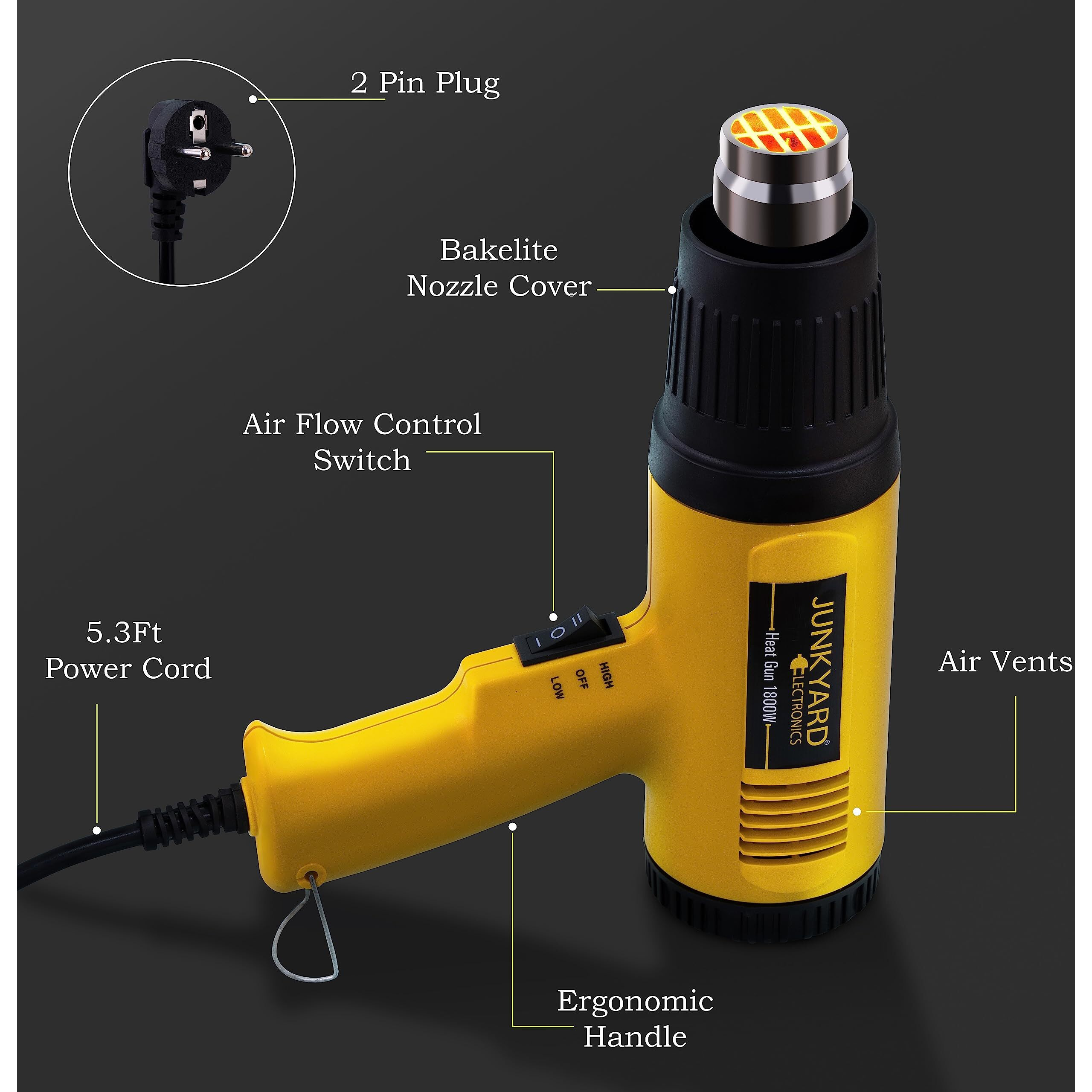 JUNKYARD 1800W Hot Air Heat Gun for Domestic and Industrial use.(Color Yellow)