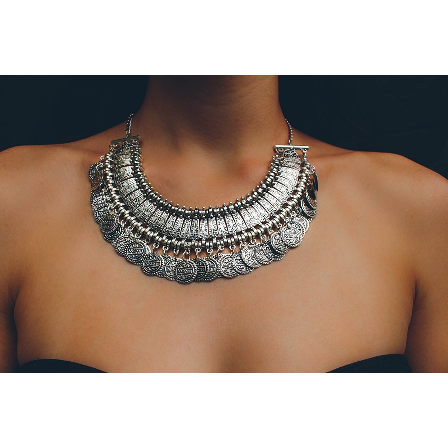 Shining Diva Fashion Jewellery Bohemia Gypsy Tibetan Vintage Coin Necklace for Girls & Women(Silver)(8547np)