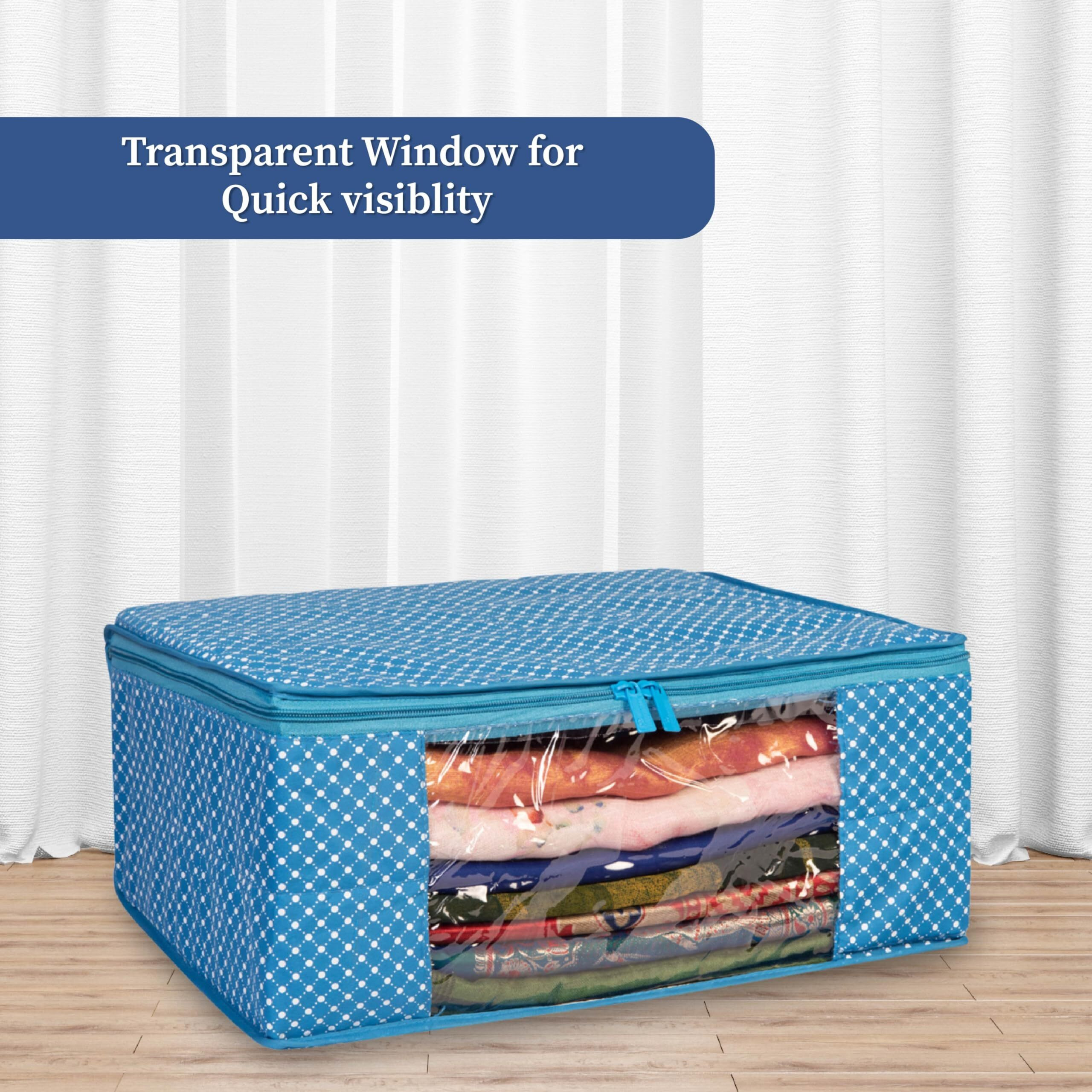 Homestrap set of 6 Cotton Quilted 3 Layered Foldable Saree Covers/Clothes Storage Bag/Wardrobe Organizer With Transparent Window And Zip For Lehenga, Suit, Dress,& Accessories (Blue)