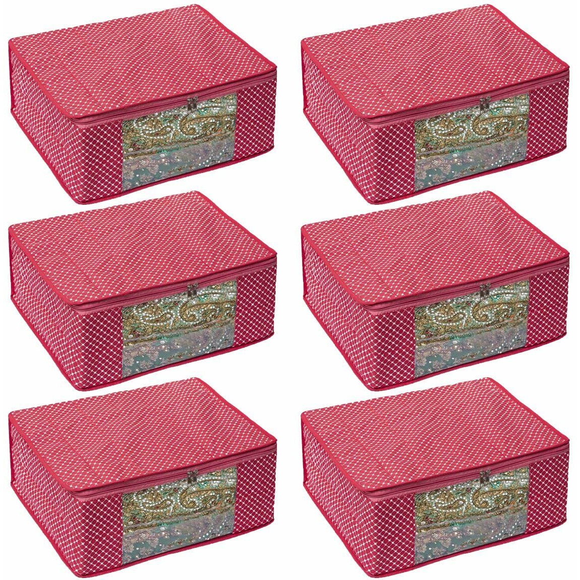 Homestrap set of 6 Cotton Quilted 3 Layered Saree Covers/Cloth Storage Bag/Wardrobe Organizer With Transparent Window And Zip For Lehenga, Suit, Dress,& Accessories (Pink)(Featured on Shark Tank)