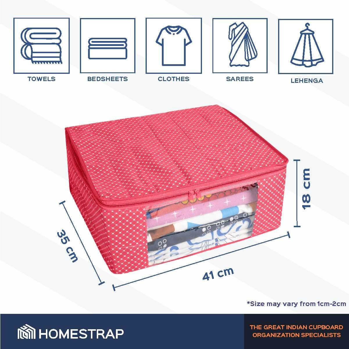 Homestrap set of 6 Cotton Quilted 3 Layered Saree Covers/Cloth Storage Bag/Wardrobe Organizer With Transparent Window And Zip For Lehenga, Suit, Dress,& Accessories (Pink)(Featured on Shark Tank)