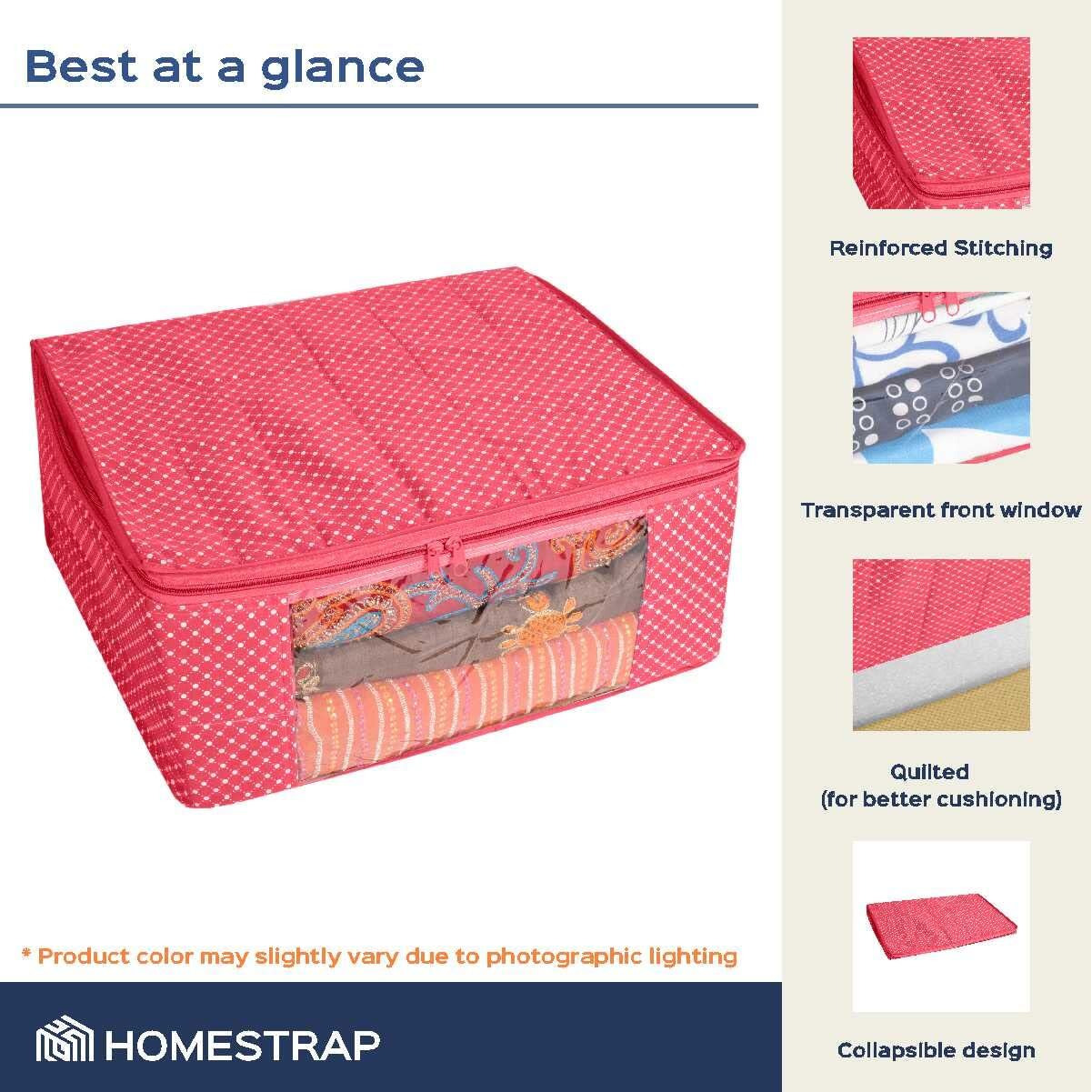 Homestrap set of 6 Cotton Quilted 3 Layered Saree Covers/Cloth Storage Bag/Wardrobe Organizer With Transparent Window And Zip For Lehenga, Suit, Dress,& Accessories (Pink)(Featured on Shark Tank)