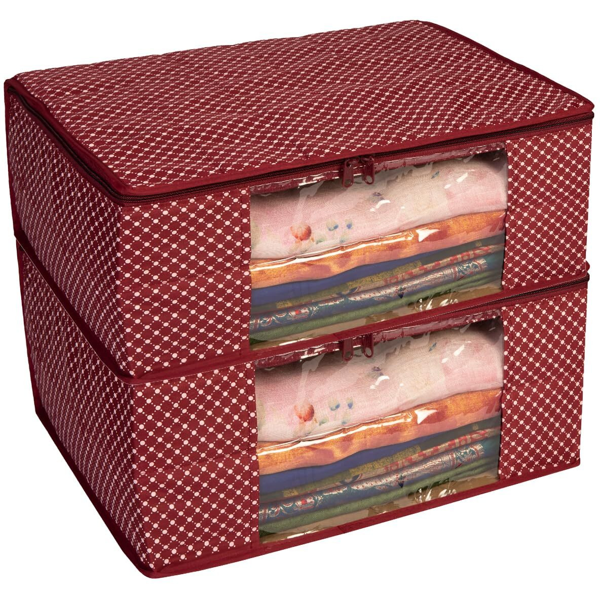 Homestrap Cotton Quilted Large Saree Cover Bag/Wardrobe Organiser with Transparent Window - Maroon - Pack Of 2