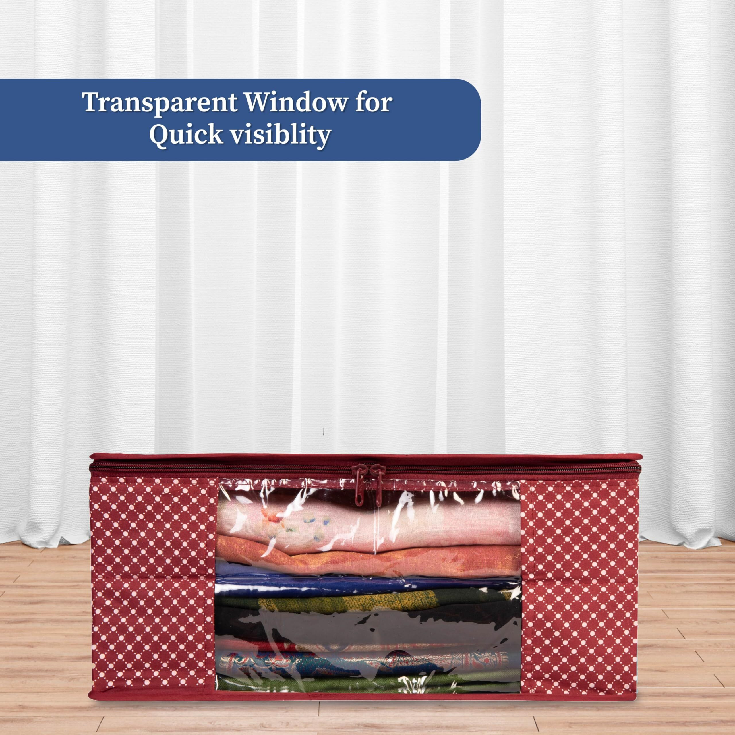 Homestrap Cotton Quilted Large Saree Cover Bag/Wardrobe Organiser with Transparent Window - Maroon - Pack Of 2