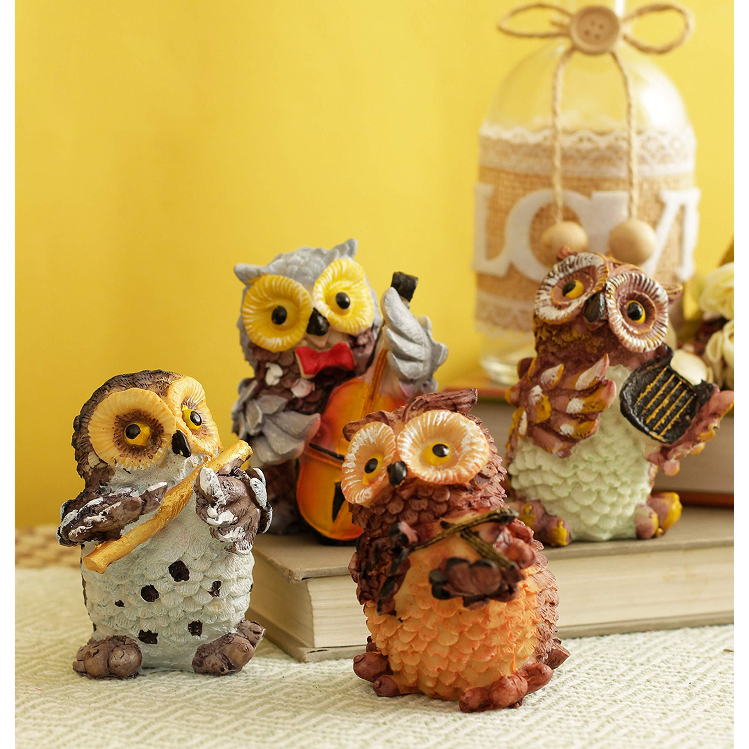 TIED RIBBONS Set of 4 Owls Playing Musical Instruments Showpiece Figurines Garden Statues Decoration Items for Home Outdoor Decorations (Multicolor)