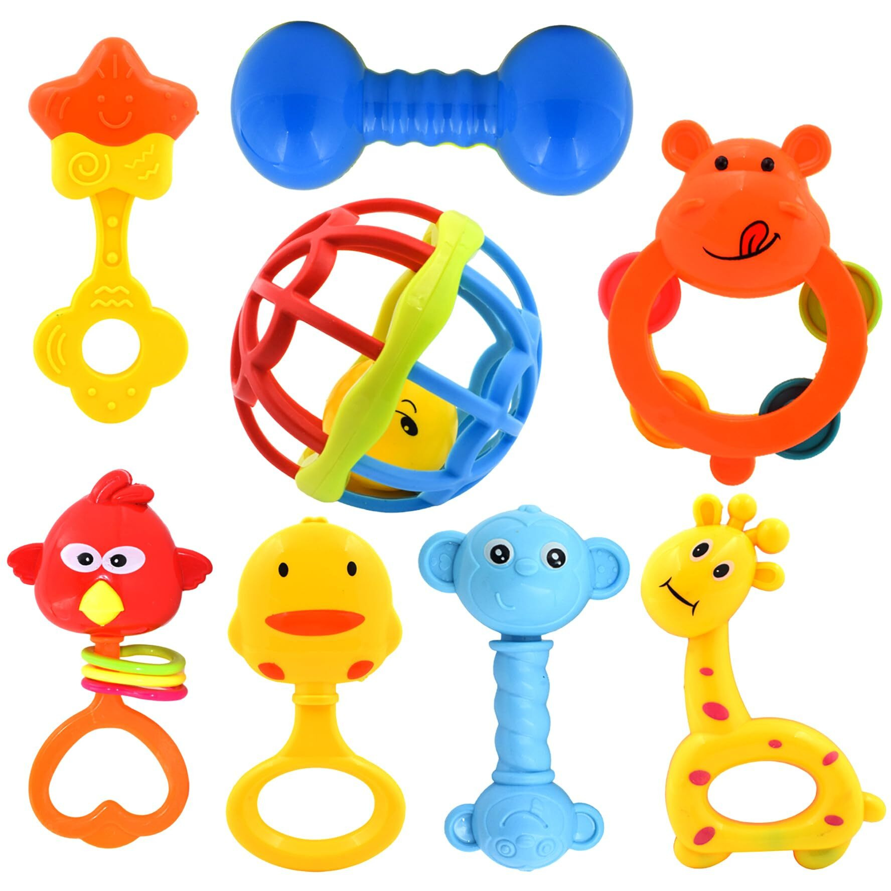 WISHKEY Colorful Attractive Plastic Non Toxic Set of 8 Shake & Grab Rattle BPA Free for New Born and Infants (Pack of 8, Multicolor)