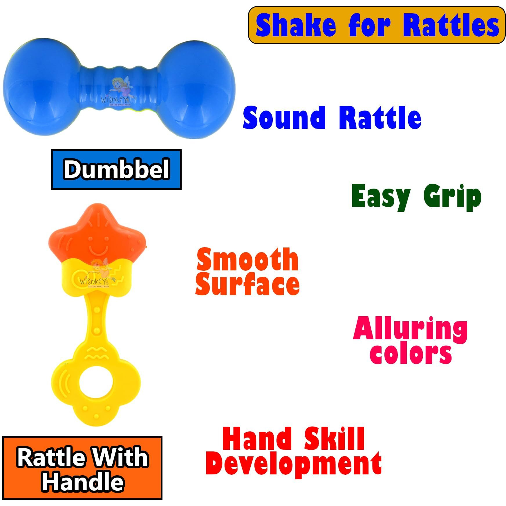 WISHKEY Colorful Attractive Plastic Non Toxic Set of 8 Shake & Grab Rattle BPA Free for New Born and Infants (Pack of 8, Multicolor)