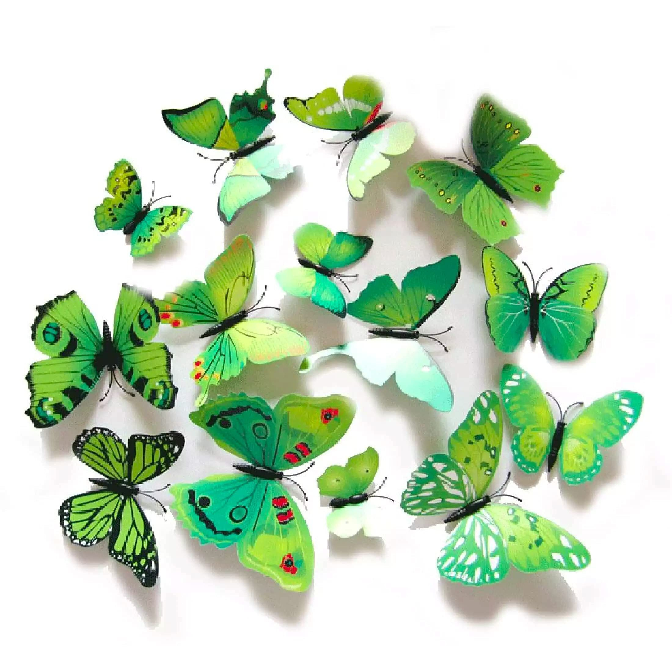 Xtore 12Pcs 3D Home Decor Butterfly | Beautiful Decor Item | Comes with Sticking Pad (Flora Green, Pack of 12), Plastic, Reusable
