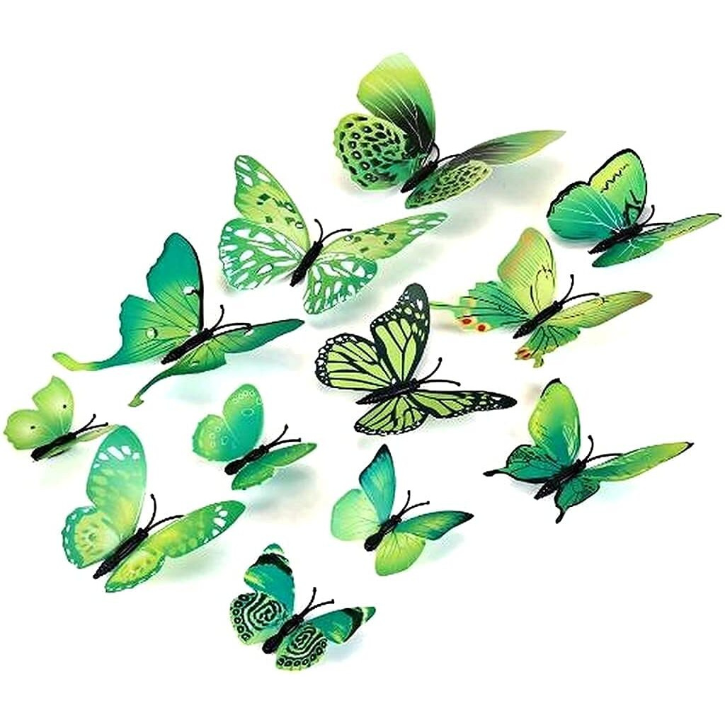 Xtore 12Pcs 3D Home Decor Butterfly | Beautiful Decor Item | Comes with Sticking Pad (Flora Green, Pack of 12), Plastic, Reusable