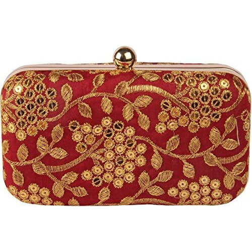 TOOBA Handicraft Hand Embroidered Box Clutch Bag Purse for Bridal, Casual, Wedding Bag for Women & Girls Red