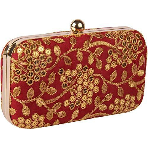 TOOBA Handicraft Hand Embroidered Box Clutch Bag Purse for Bridal, Casual, Wedding Bag for Women & Girls Red