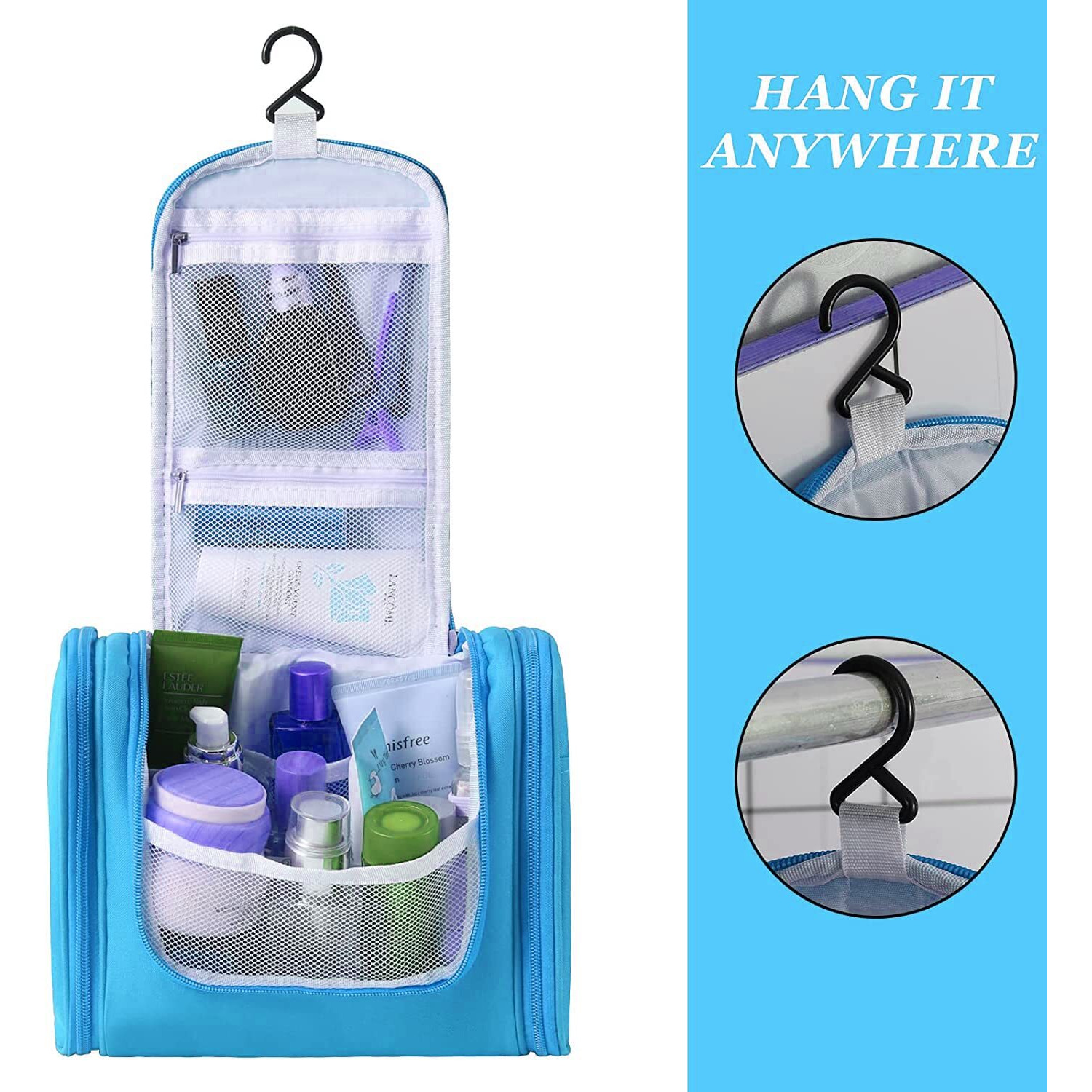 House of Quirk Hanging Toiletry Kit Bag Extra Large Capacity Travel Organizer Bags For Men And Women Durable Waterproof Nylon Makeup Bag For Toiletries,Cosmetics, Brushes (Light Blue),W-11 Cm
