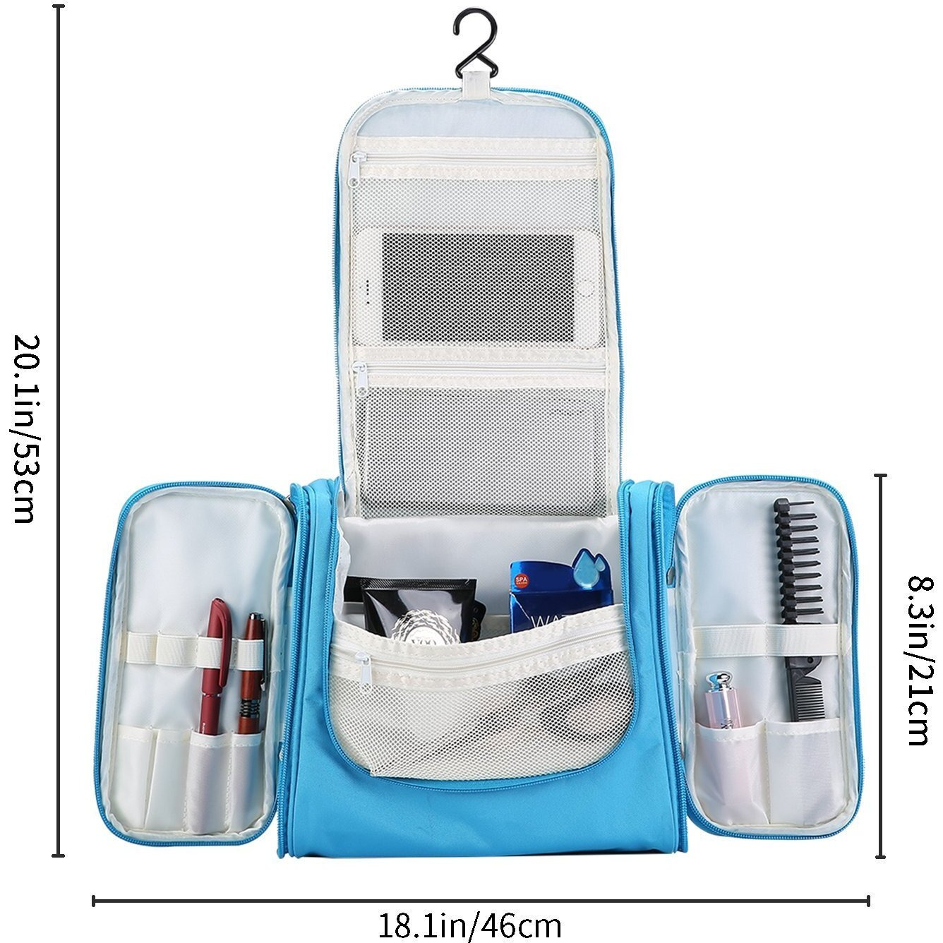 House of Quirk Hanging Toiletry Kit Bag Extra Large Capacity Travel Organizer Bags For Men And Women Durable Waterproof Nylon Makeup Bag For Toiletries,Cosmetics, Brushes (Light Blue),W-11 Cm