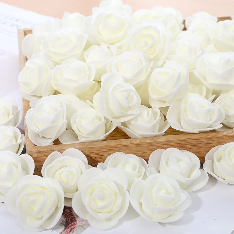 SATYAM KRAFT 50 Pcs Artificial Rose Foam Head Flowers for Home Decor, Wedding, Pooja, Floating Bouquets, and Craft  Ideal for Table, Mandir, Gifts, Backdrop, and Festival Decorations (White)