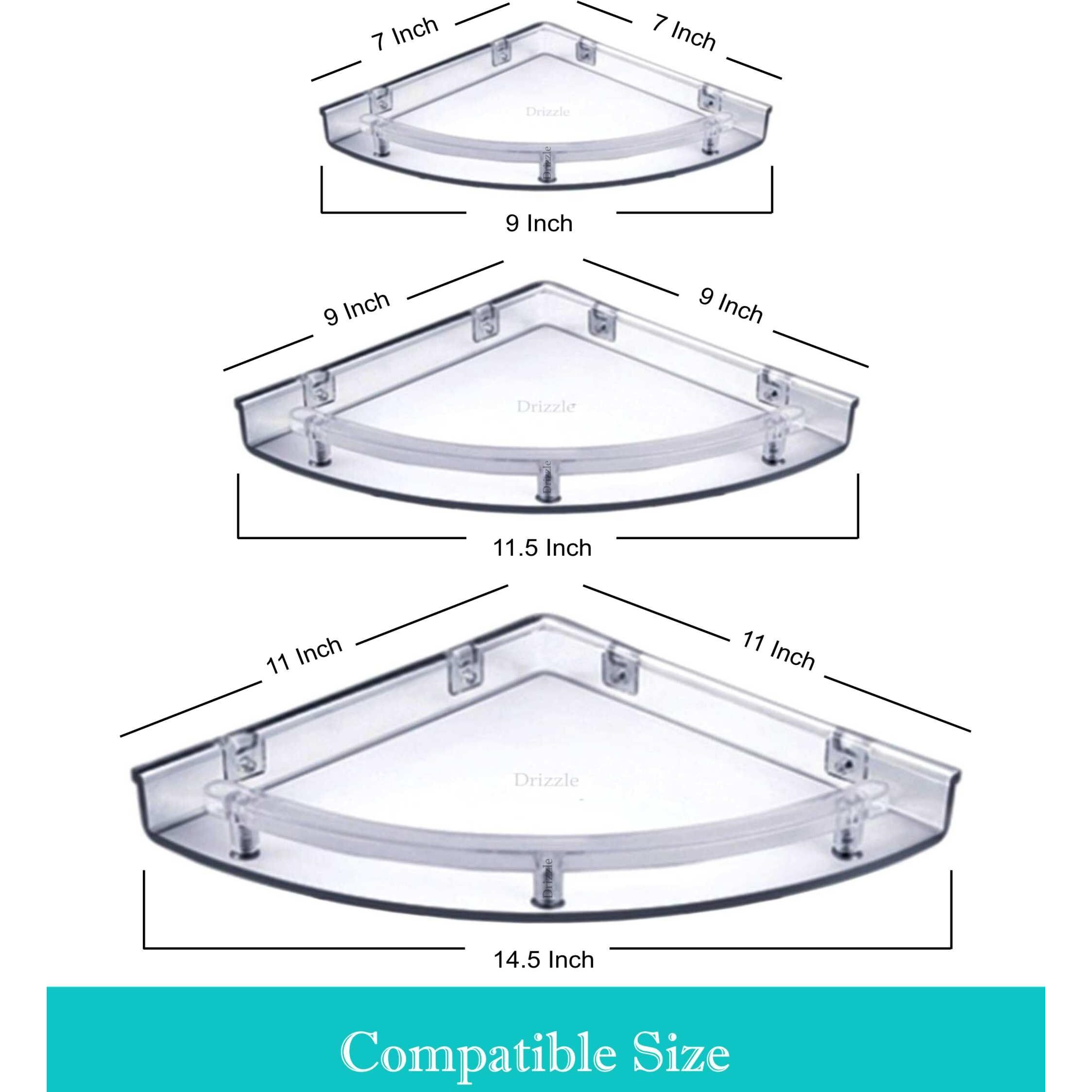 DRIZZLE Corner Shelf Super Clear | Unbreakable Transparent Bathroom Shelves | Multipurpose Use (Size 7 inch, 9 inch, 11 inch) - Set of 1 (3 Pieces)
