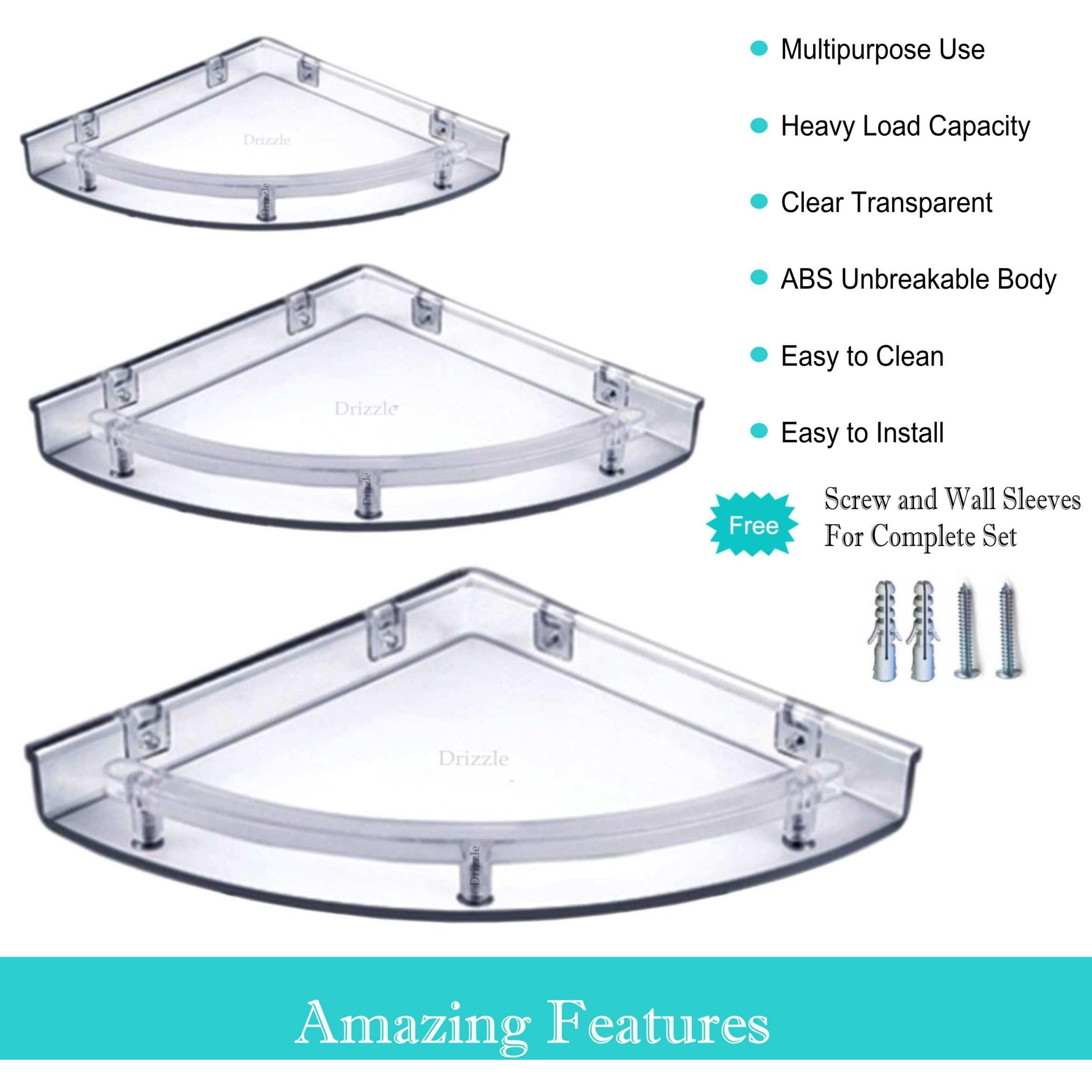 DRIZZLE Corner Shelf Super Clear | Unbreakable Transparent Bathroom Shelves | Multipurpose Use (Size 7 inch, 9 inch, 11 inch) - Set of 1 (3 Pieces)