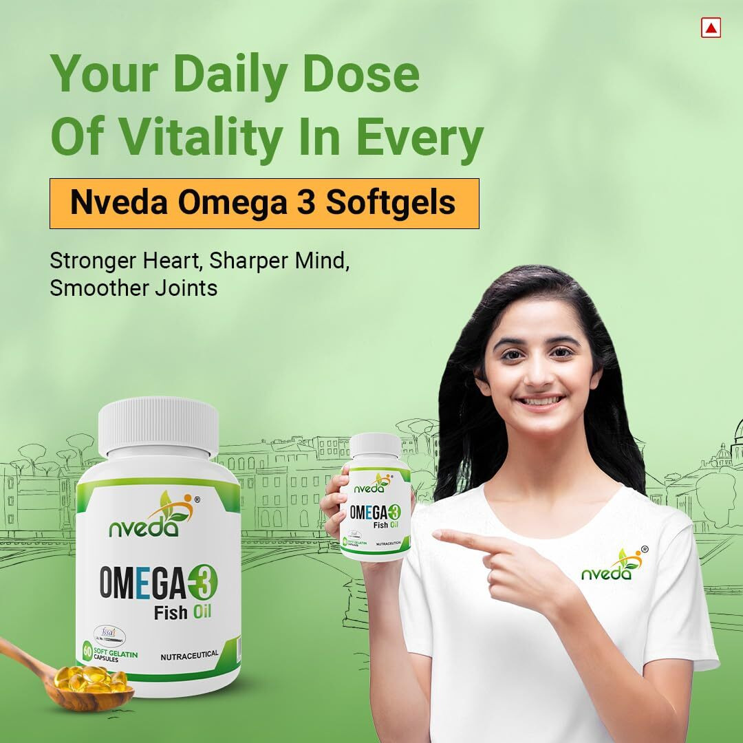 Nveda Omega-3-Fish-Oil 1000mg For Men & Women, Omega 3 fatty-acid 60 Capsules with 180mg EPA-DHA 120mg for Healthy Heart, Eyes, Brain & Joints - Pack of 1