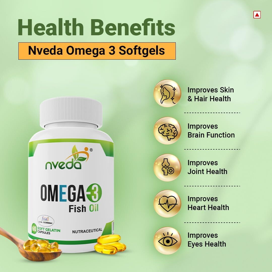 Nveda Omega-3-Fish-Oil 1000mg For Men & Women, Omega 3 fatty-acid 60 Capsules with 180mg EPA-DHA 120mg for Healthy Heart, Eyes, Brain & Joints - Pack of 1
